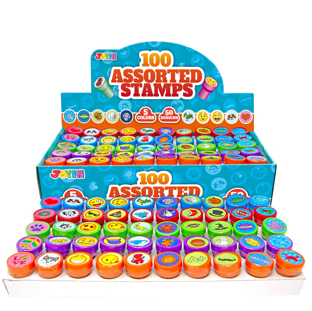 JOYIN 100PCS Assorted Stamps for Kids Self-Ink for Party Favor, Teacher Stamps, Kids Treasure Box, Prize for Classroom, Birthday School Stuffers (50 Designs, Dinosaur, Halloween Stampers)