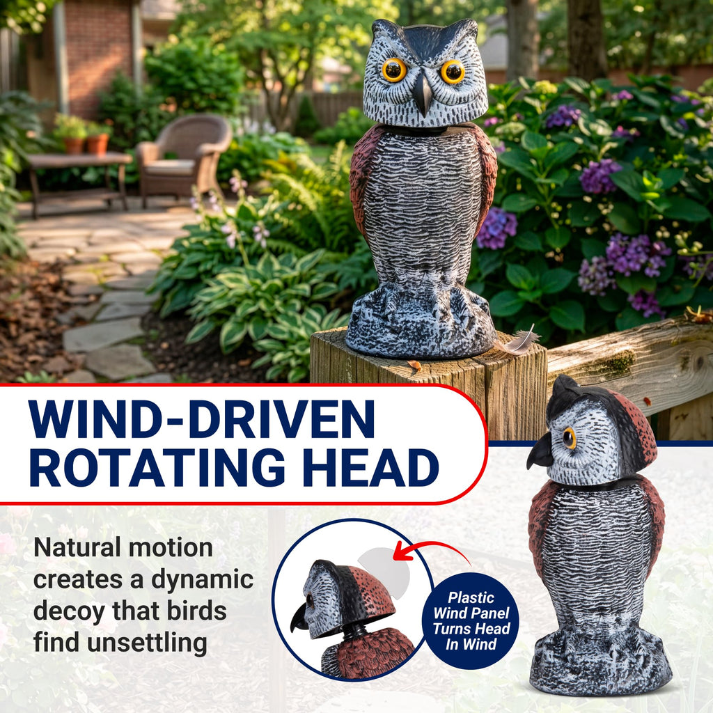 Arrigo Fake Owl Decoys to Scare Birds Away – 2pc Wind-Driven Rotating Head – Plastic Owl Statue Scarecrows – Realistic Deterrent for Critters & Squirrels - Garden, Patio, Boats, and Yard Decor