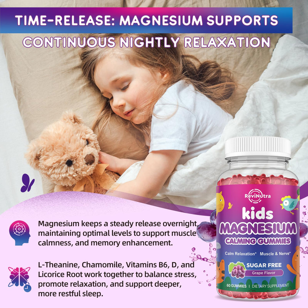 Kids Magnesium Glycinate Gummies - Magnesium Supplement Gummies with L-Theanine, Chamomile, Licorice, Vitamin B6, D for Kids & Adults Sleep, Stress, Muscle Relief & Nerve Bone - Sugar Free Grape 60ct