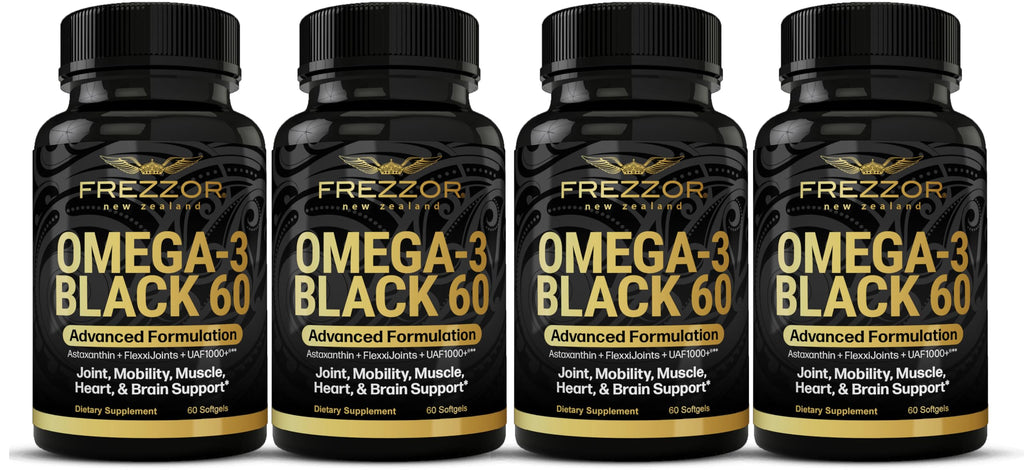 FREZZOR Omega 3 Black - Highest Strength Green Lipped Mussel Oil Capsules, Made in New Zealand, UAF1000+, Inflammation, Joint Care & Relief, Heart & Immune Support, 60 Count (Pack of 4)