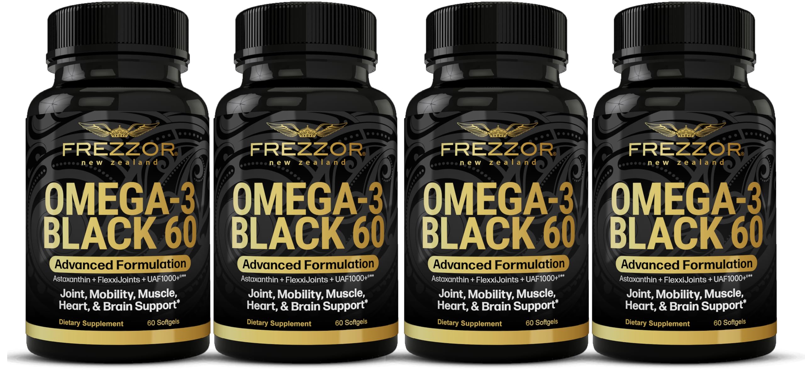 FREZZOR Omega 3 Black - Highest Strength Green Lipped Mussel Oil Capsules, Made in New Zealand, UAF1000+, Inflammation, Joint Care & Relief, Heart & Immune Support, 60 Count (Pack of 4)