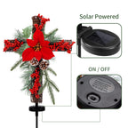 SOWSUN Solar Christmas Decorations Outdoor LED Lights, Xmas Waterproof Cross Stake, Cemetery Grave Decorations,Faux Pine Cones and Foliage Ornament Stakes for Garden Lawn Yard Cemetery, Set of 2