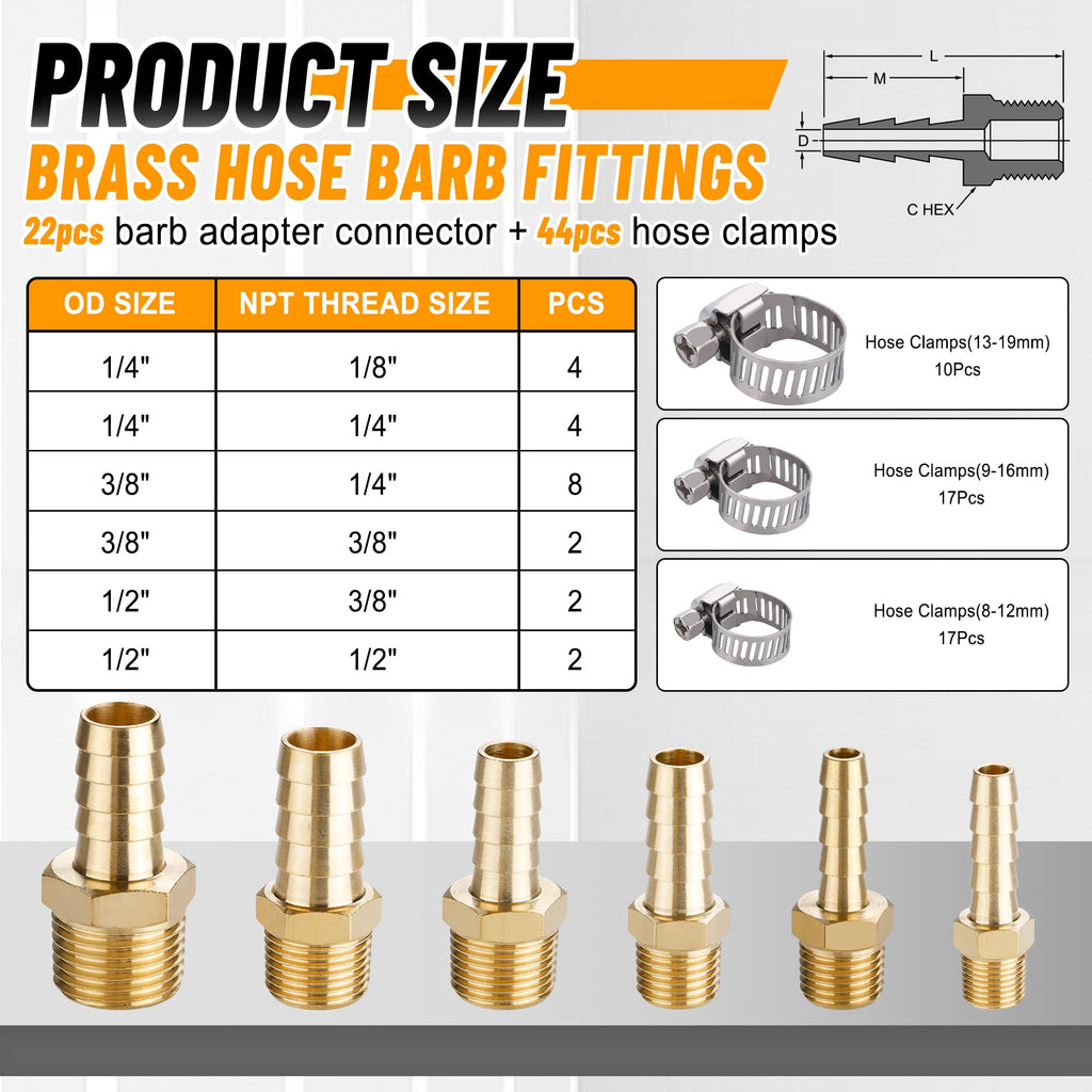 Ailbiuko 22Pcs Brass Hose Fittings, 3/8" Barb to 1/4" NPT, 1/4" Barb to 1/4" NPT Male, 1/8" 1/4" 3/8" 1/2" Barbed Air Hose Kit with 44Pcs Pipe Hose Clamps