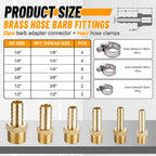 Ailbiuko 22Pcs Brass Hose Fittings, 3/8" Barb to 1/4" NPT, 1/4" Barb to 1/4" NPT Male, 1/8" 1/4" 3/8" 1/2" Barbed Air Hose Kit with 44Pcs Pipe Hose Clamps