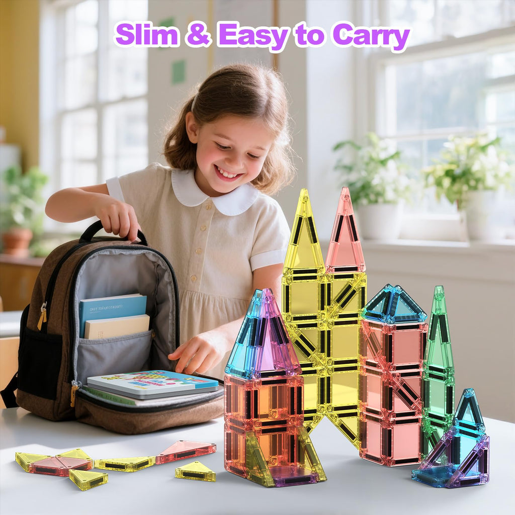 BAIJLE 46PCS Mini Magnetic Tiles, Portable Magnetic Toys Travel Set with Iron Case for Kids Ages 4-8,Creativity Boosting Building Toys Set,Toddler Puzzle Birthday Gift Toys for Boys and Girls Ages 3+
