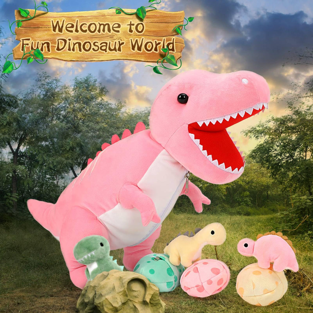 MorisMos Dinosaur Stuffed Animal with Babies, Eggs, Pink, Girl Dinosaur Toy