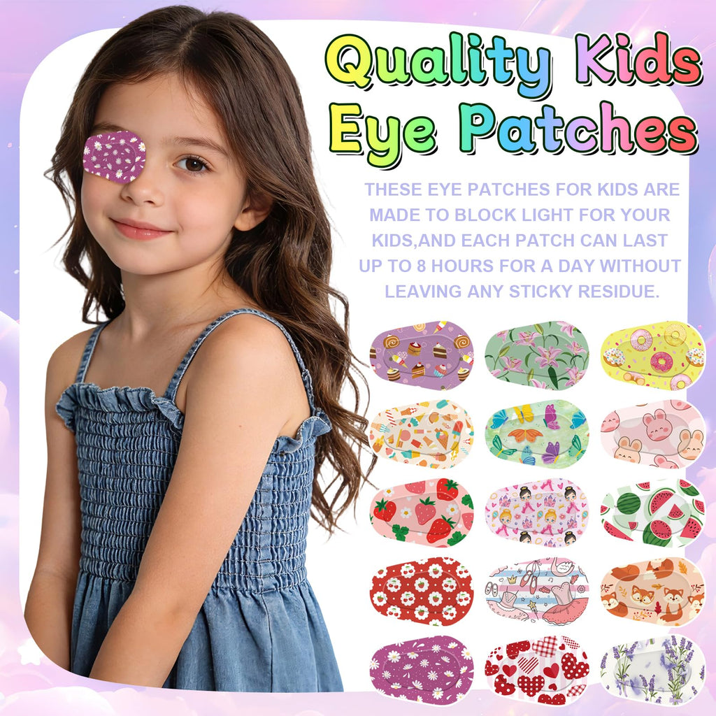 120 Pcs Adhesive Eye Patches for Kids and Girls,Bulk Breathable Soft Cotton, with Cute Pattern Designs, 15 Styles with 8 Pieces Each