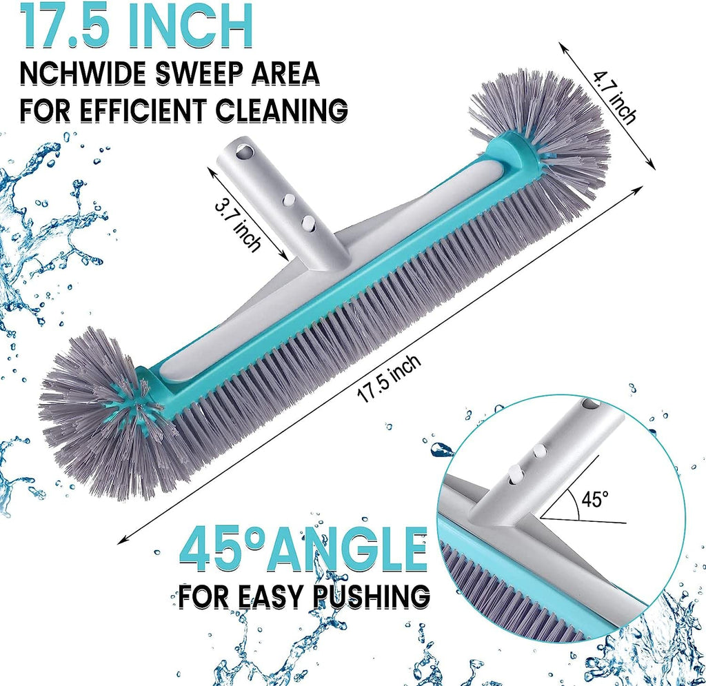 Swimming Pool Brush Head with Round Ends，17.5" Heavy Duty Aluminum Back Head for Cleans Walls, Tiles & Floors, 7 Rows Premium Nylon Bristles with EZ Clips (Blue Grey)