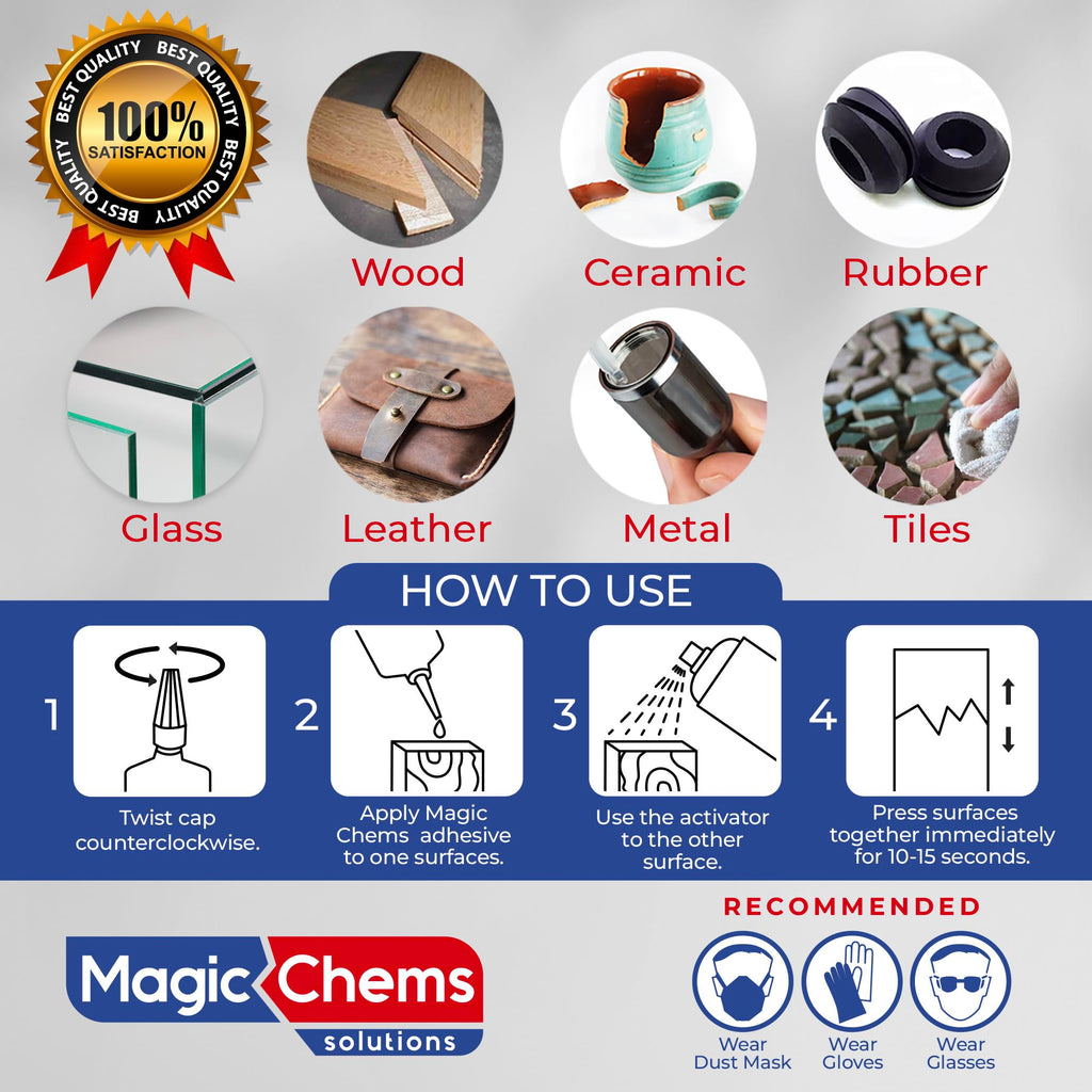 Magic Chems CA Glue with Activator, Cyanoacrylate Adhesive, Acrylic, 1 Pack