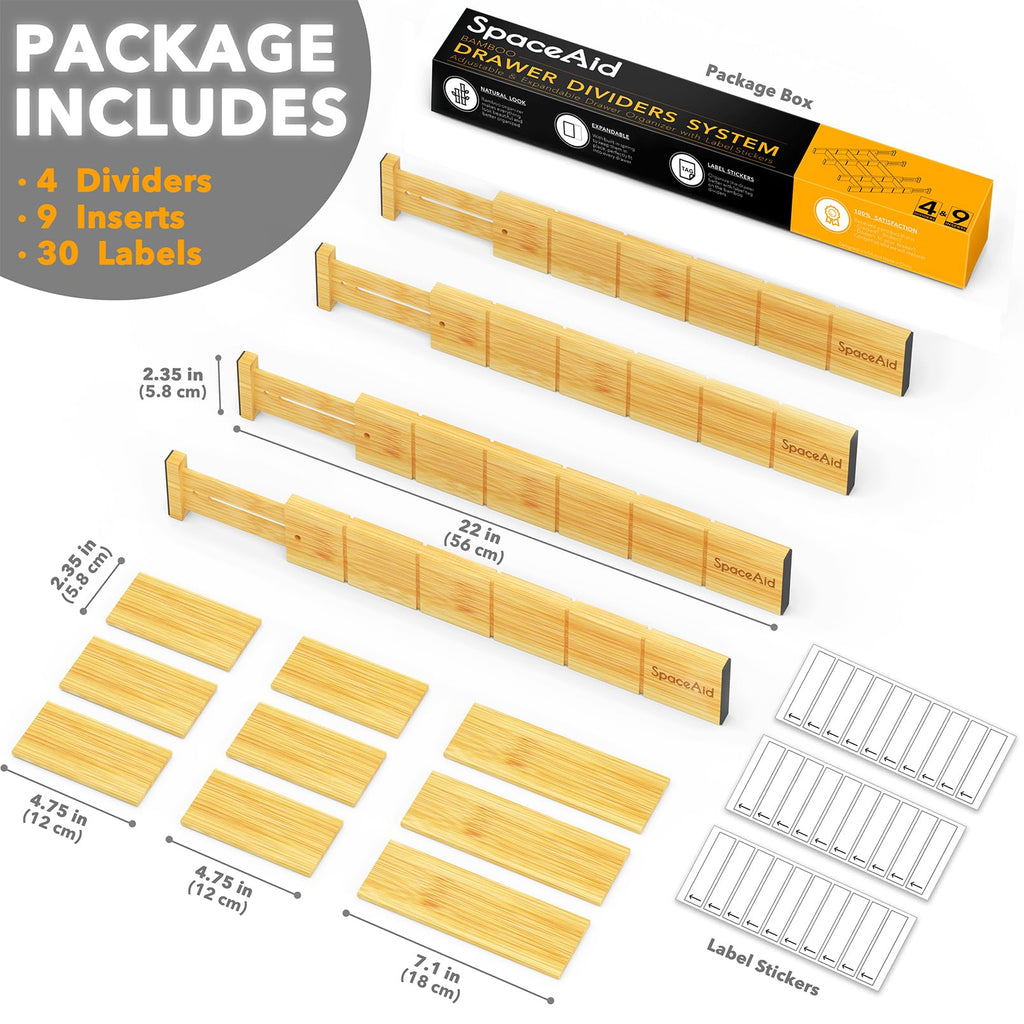 SpaceAid Bamboo Drawer Dividers with Inserts and Labels, Kitchen Adjustable Drawer Organizers, Expandable Organization for Home, Office, Dressers, 4 Dividers with 9 Inserts (17"-22" Natural)