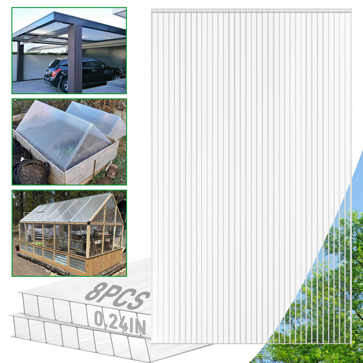 Sinimaka 8 Pack Polycarbonate Greenhouse Panels, 8' x 4' x 0.24'' Twin-Wall Polycarbonate Sheets, All Weather Clear Roof Panels Greenhouse Replacement Panels