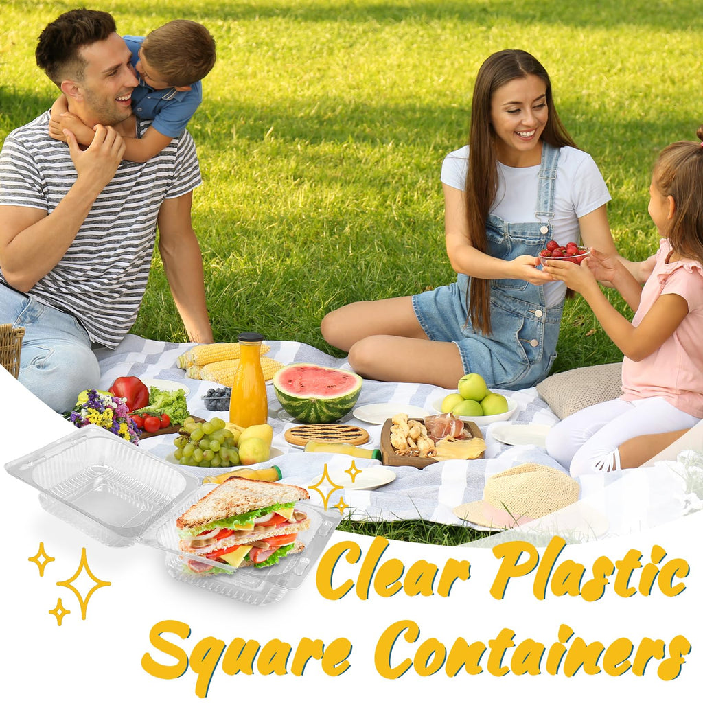 Qyyiguf 200 PCS Clear Plastic Square Hinged Containers,Disposable To Go Containers with Lids,Clamshell Food Containers for Sandwiches,Dessert,Cakes,Cookies,Salads,Pasta(5.3x4.7x2.8 In), 41wsdSDF
