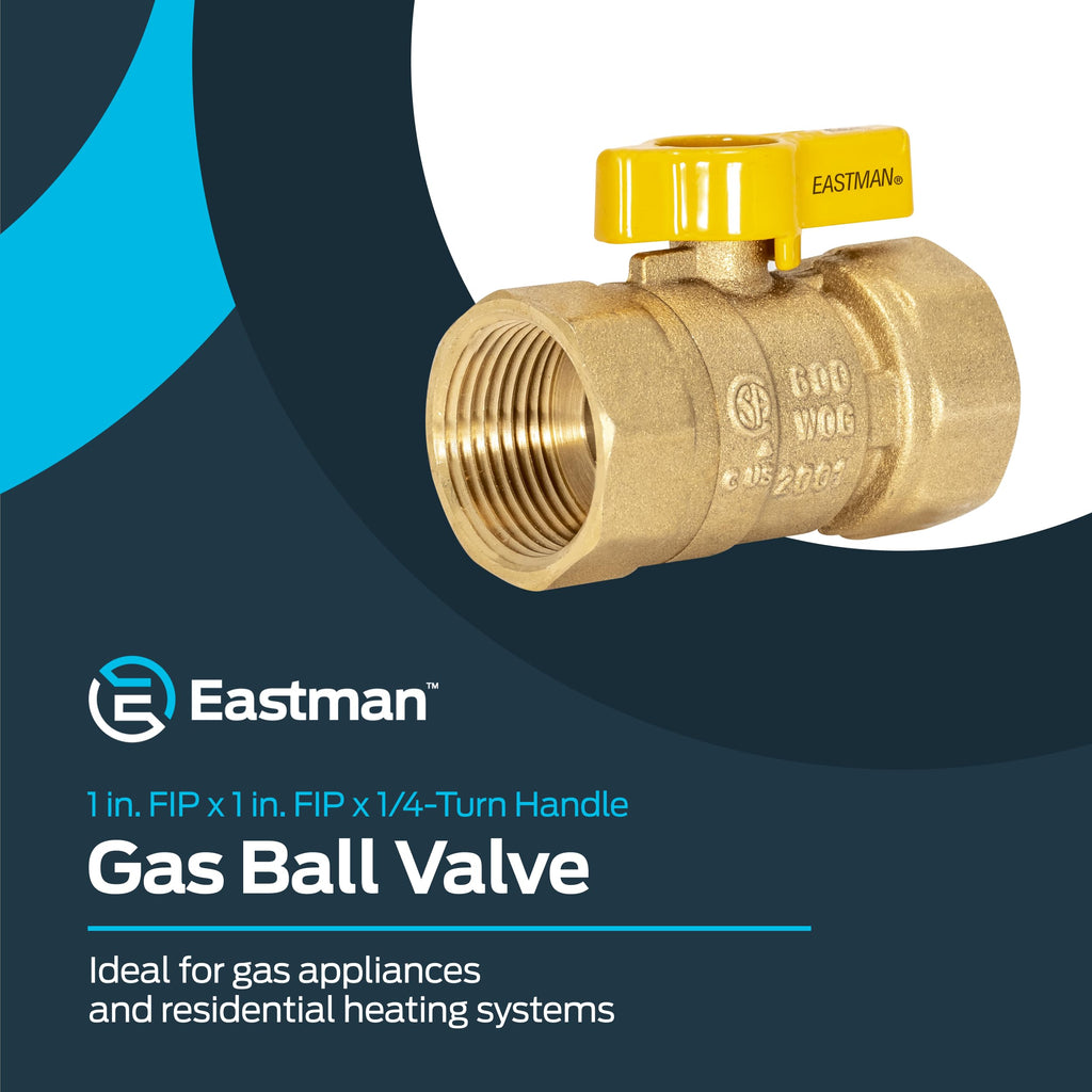 Eastman 1 Inch FIP Straight Gas Ball Valve with 1/4-Turn Handle, Brass Plumbing Fitting, 60013