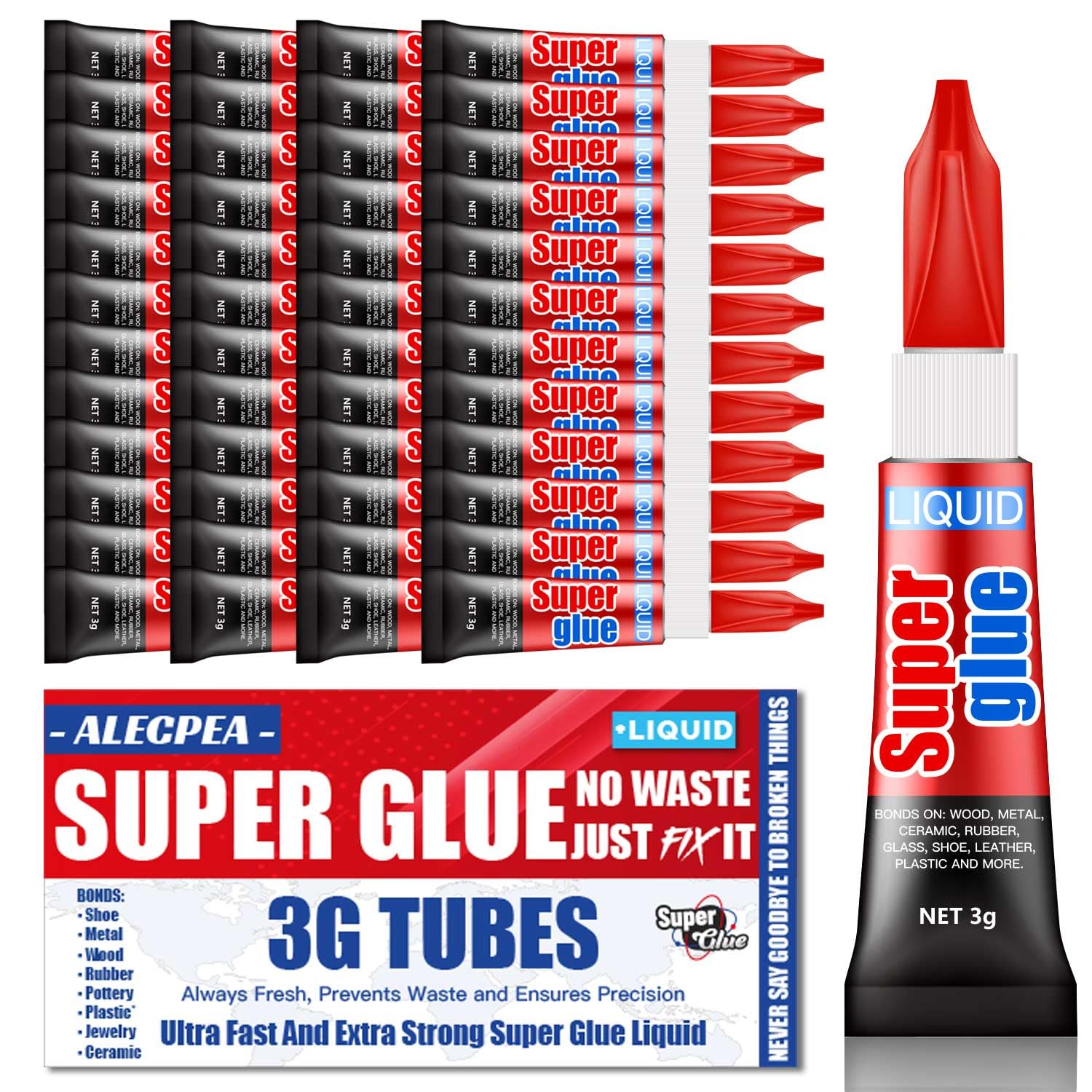 ALECPEA Super Glue, 48 X 3g, Liquid Instant Glue for Metal and Ceramic