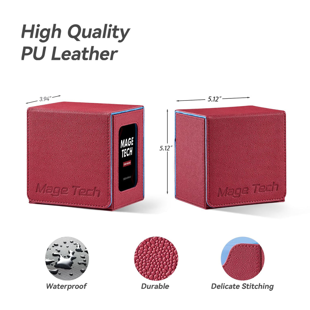 Mage Tech Card Deck Box for MTG Commander - Patented Design, Commander Display, Fits 100 Double-Sleeved Cards, 35pt Card Brick & Dice Tray - Red/Blue