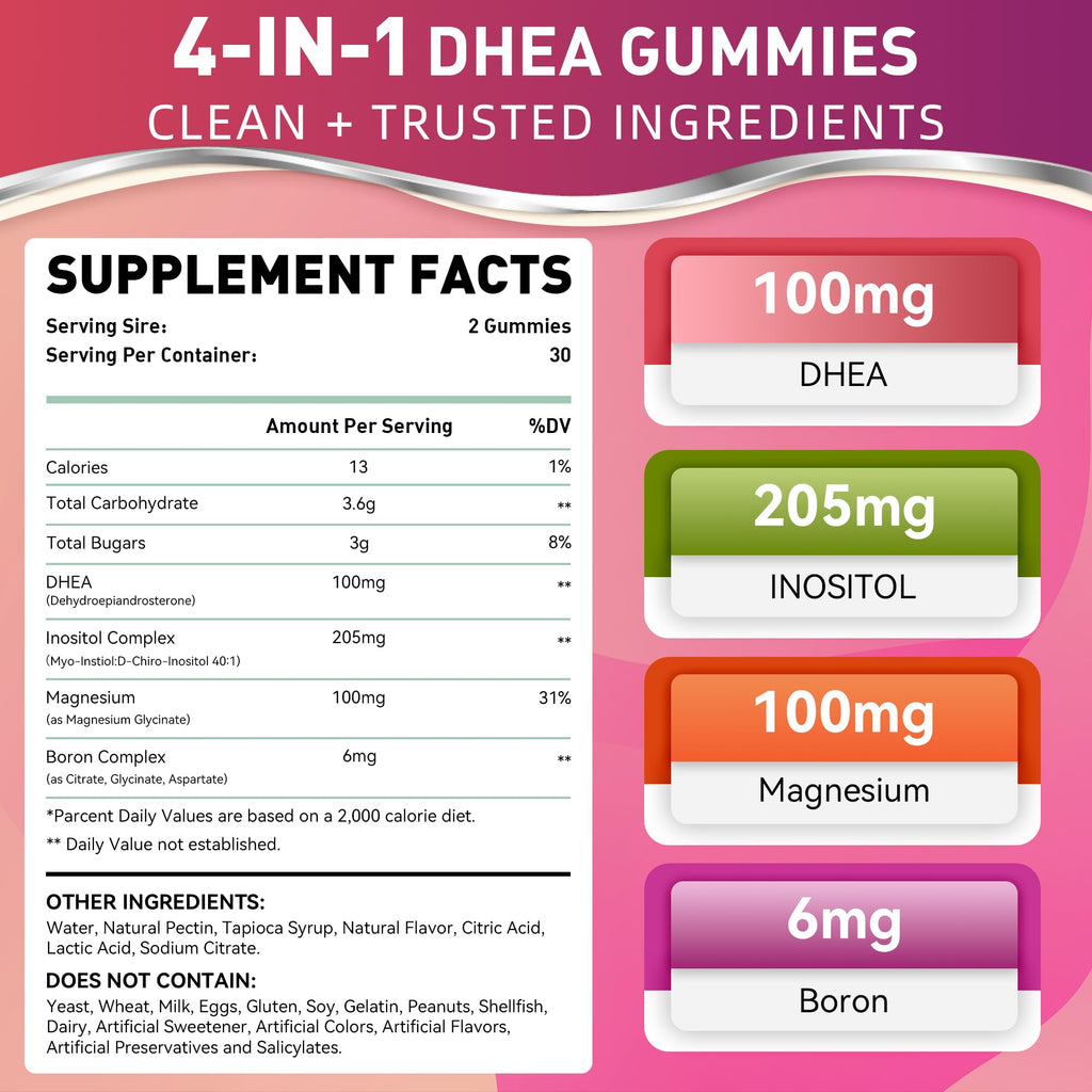 NIUTRLUXE DHEA Gummies, DHEA Supplements for Women, DHEA 100mg 50mg Chewable with Boron, Inositol and Magnesium, Pro-Aging, Ovarian Support, Sleep Support, Vegan, 60 Counts