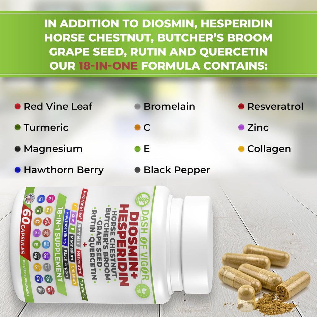 Dash of Vigor 18-in-1 Diosmin Hesperidin Supplement, Quercetin with Bromelain, Zinc, Vitamin C with Rutin Supplement, Horse Chestnut Extract, Butcher's Broom Extract, USA, 60 Capsules