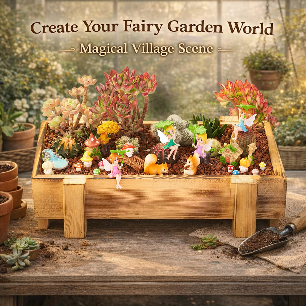 Nashibowu 24Pcs Mini Fairy Garden Accessories DIY Kit - Miniature Gnomes & Tiny Fairies House Set, Resin Animals, Bridge, Mini Pond & Mushrooms Figurines for Terrarium Micro-Landscaping