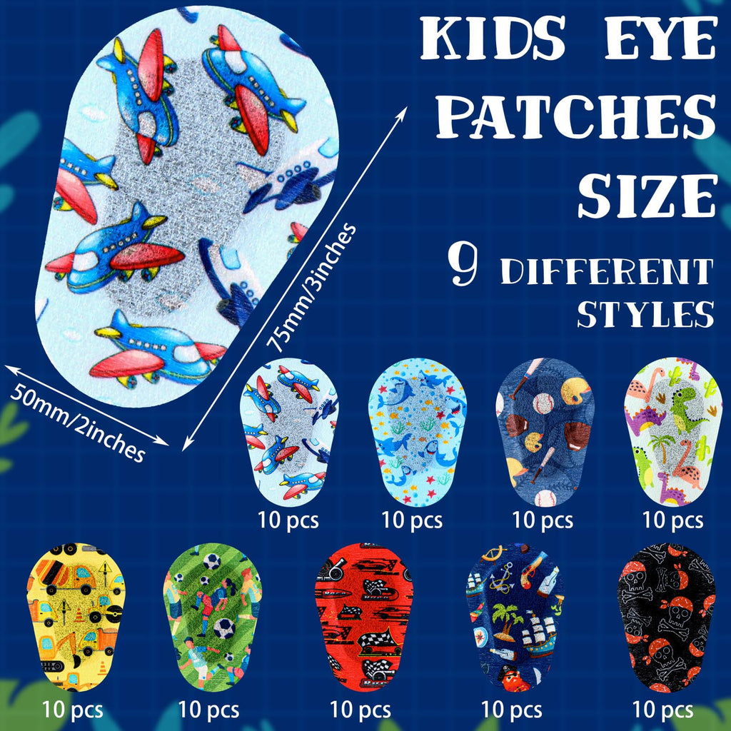 90 Pcs Adhesive Eye Patches for Kids Boys 9 Styles Eye Patches Latex Free Eye Pad Bulk Light Blocking Fun Cute Boys Designs Cotton Adhesive Bandages for Boys Toddler