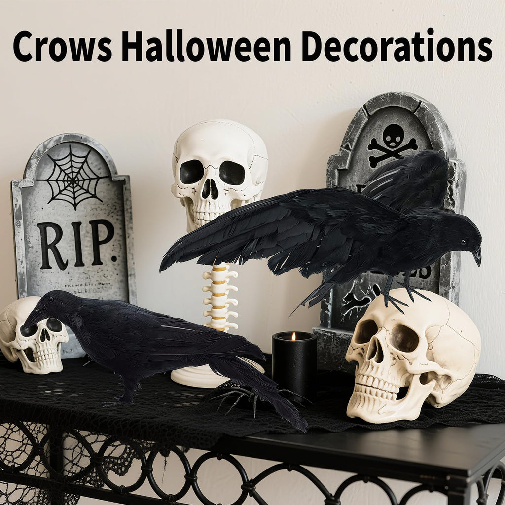 Black Fake Crows Halloween Decorations, 2 Pcs Large Realistic Feather Crows