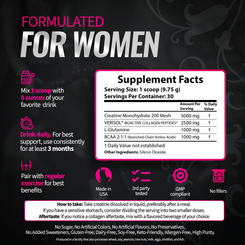 Bold Buns Creatine for Women – Booty Builder Supplement with Collagen & BCAA – Supports Muscle Development, Post-Workout Recovery, Skin Elasticity, Healthy Hair & Nail | Unflavored – 30 Servings