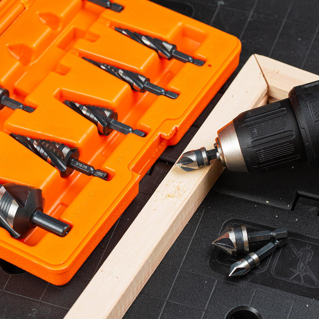 THINKWORK 5 Pcs Four Spiral Flute Step Drill Bit Set & 5 Pcs Countersink Drill Bits with Tool Box, Nitriding HSS Drill Bits for Metal, Aluminum, Wood, Plastic
