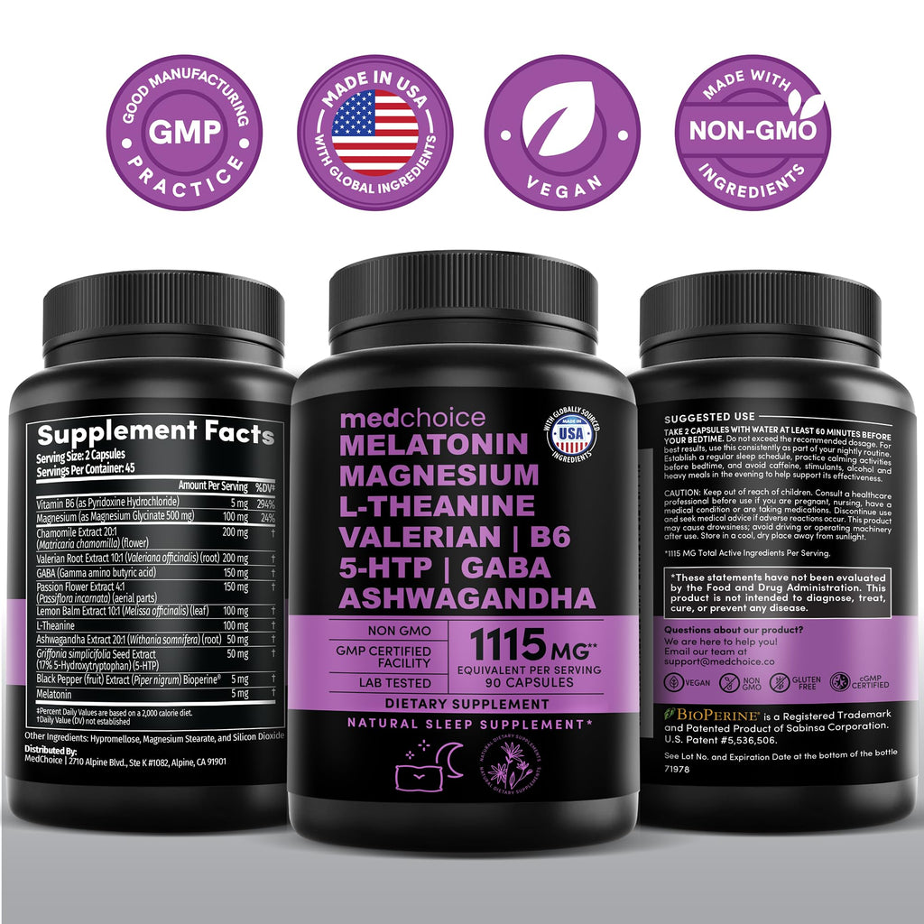 12-in-1 Melatonin Sleep Capsules - Natural Sleep Aids for Adults with Melatonin 5mg and Magnesium Glycinate 500mg, Sleep Aid with Ashwagandha, L Theanine, Valerian Root, GABA, 5-HTP (90ct, Pack of 4)