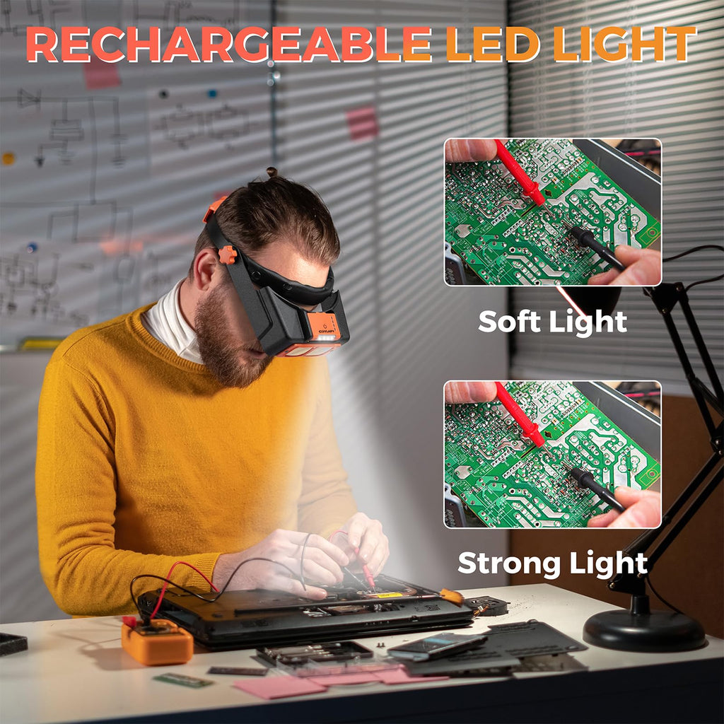 Headband Magnifier with Light, Rechargeable Magnifying Glasses for Close Work, 1.5X - 3.5X Magnify Headset with 4 Lenses, Jewelers Magnifying Glass Loupe Visor for Reading,Crafts, Hobby