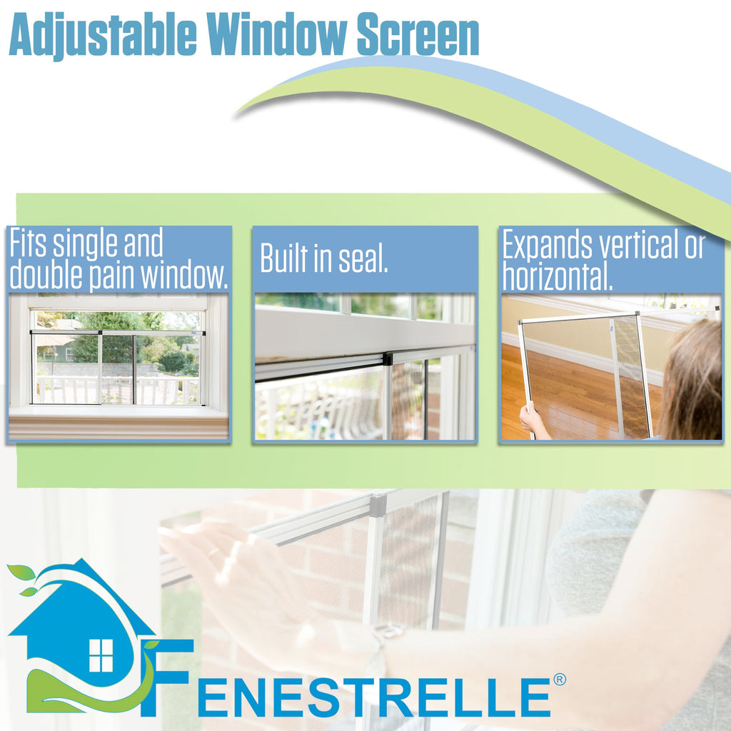 Fenestrelle Expandable Window Screen – 15″ H × 21″–40″ W Horizontal, 2‑Way Adjustable Window Screen with Flame Resistant Fiberglass Mesh, Pack of 2