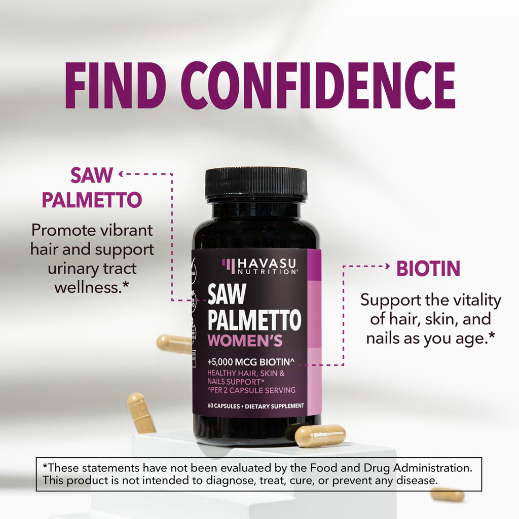 Saw Palmetto for Women with Biotin 5000mcg - Powerful DHT Blocker to Support Hair, Skin, and Nail Health - 60 Count - Vegan, Non-GMO Vitamin for Stronger, Fuller Looking Locks - 1 Month Supply