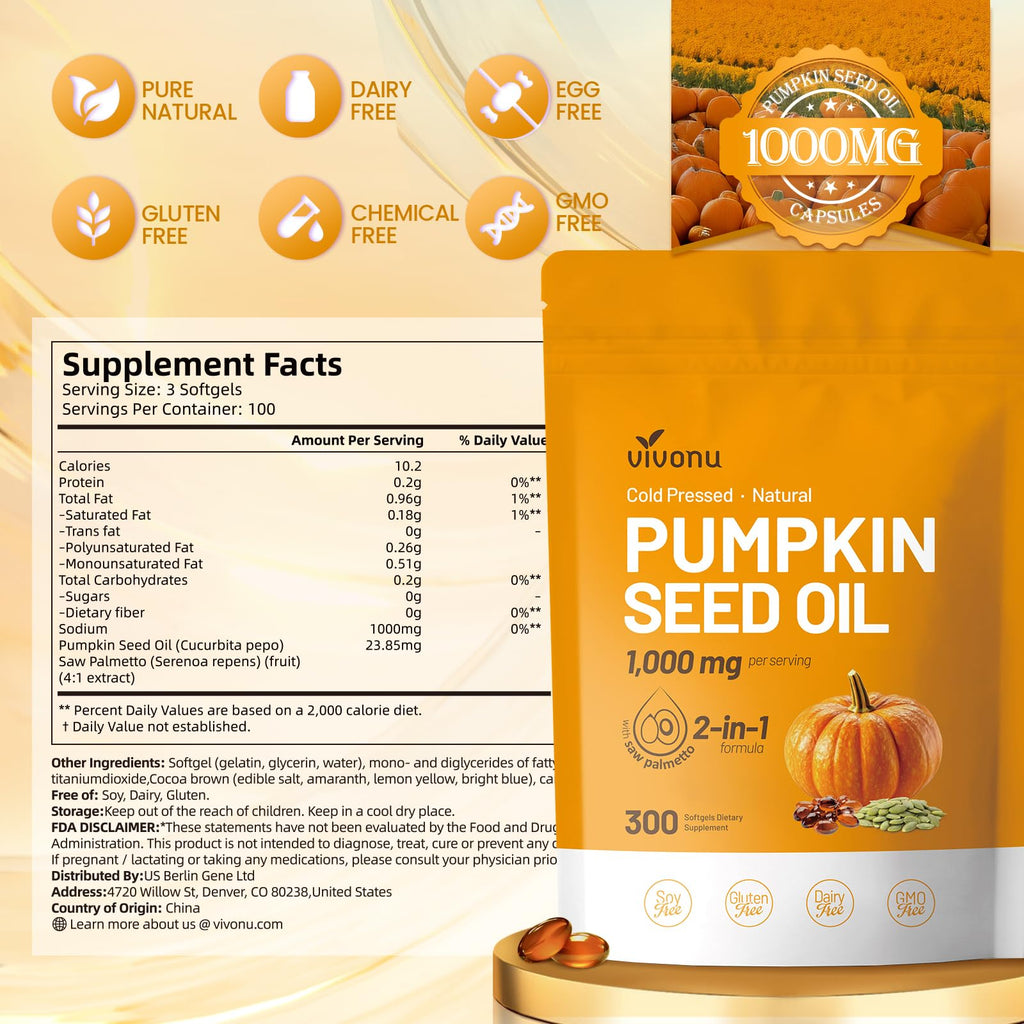 VivoNu Pumpkin Seed Oil with Saw Palmetto Capsules |Cold Pressed, Pure Virgin Oil,Essential Fatty Acids & Phytosterols |300 SoftgelsSupports Hair,Urinary,Bladder&Prostate Health|Non-GMO