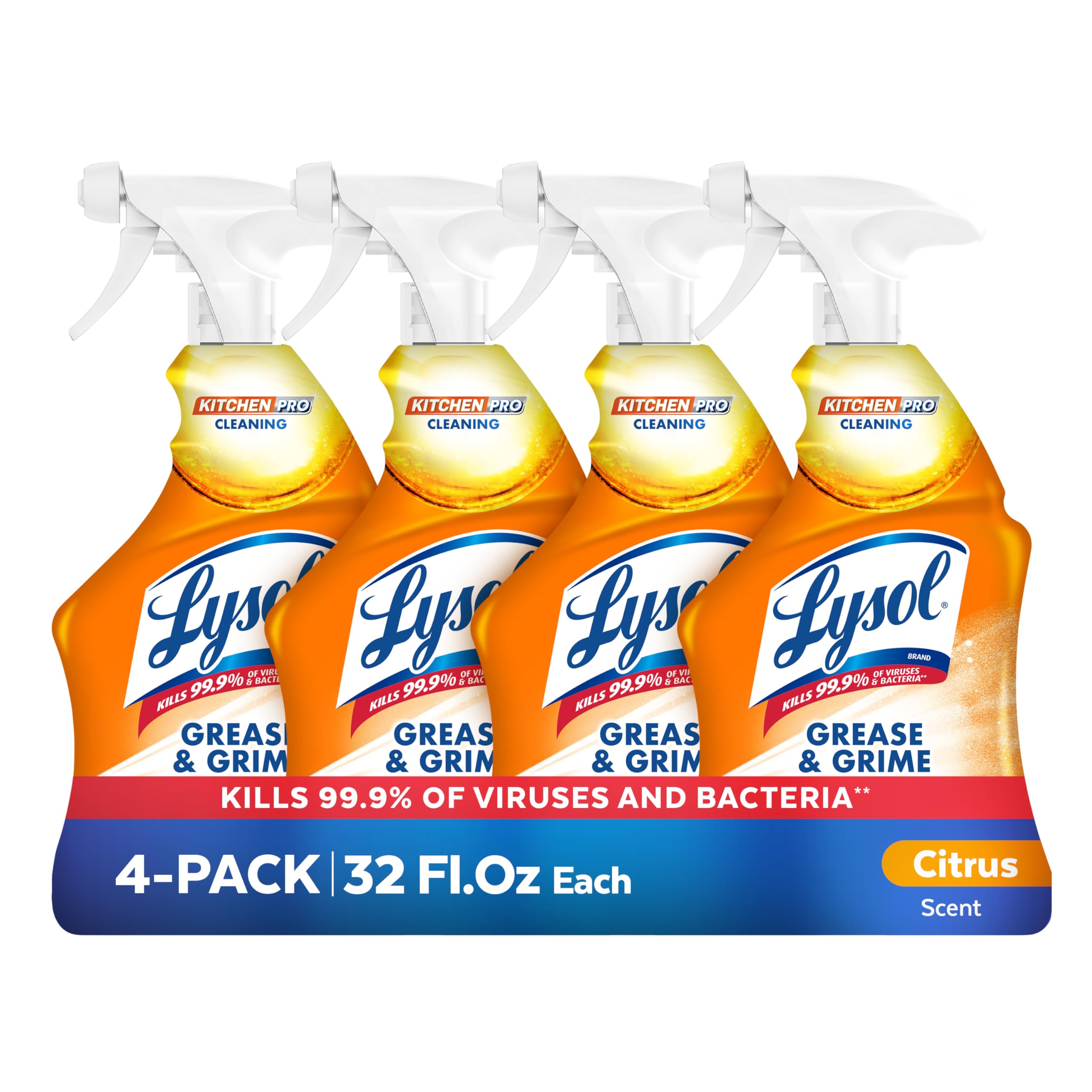 Lysol Pro Kitchen Spray Cleaner and Degreaser, Antibacterial All Purpose Cleaning Spray for Kitchens, Countertops, Ovens, and Appliances, Citrus Scent, 22oz (Pack of 4)