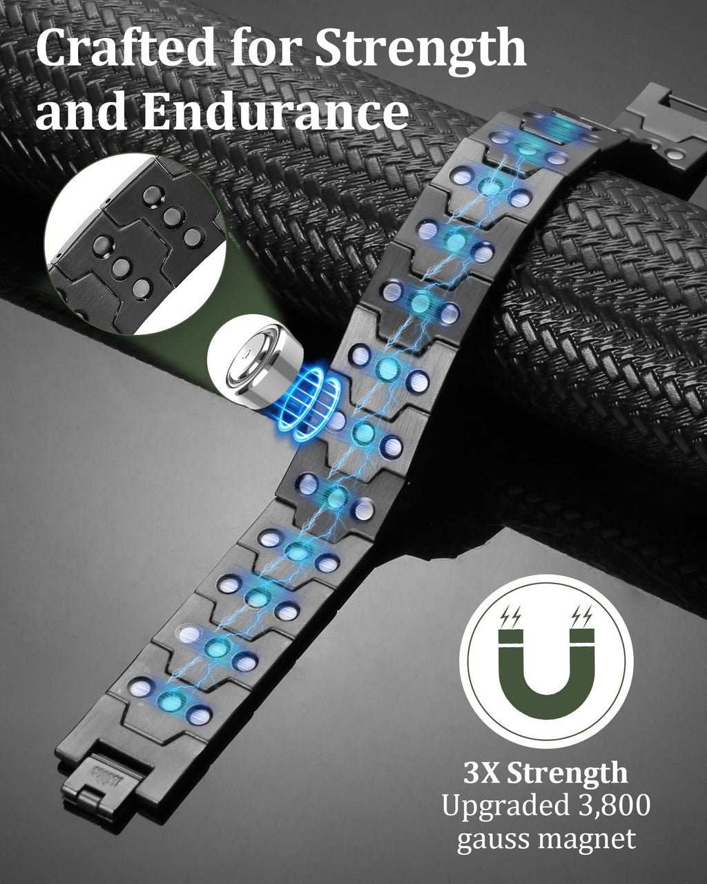 Fashtour 3X Copper Bracelet for Men Triple Ultra Strength Magnets, Masculine Design Pure Copper Magnetic Bracelet, Adjustable Length with Sizing Tool (Gunmetal 1)