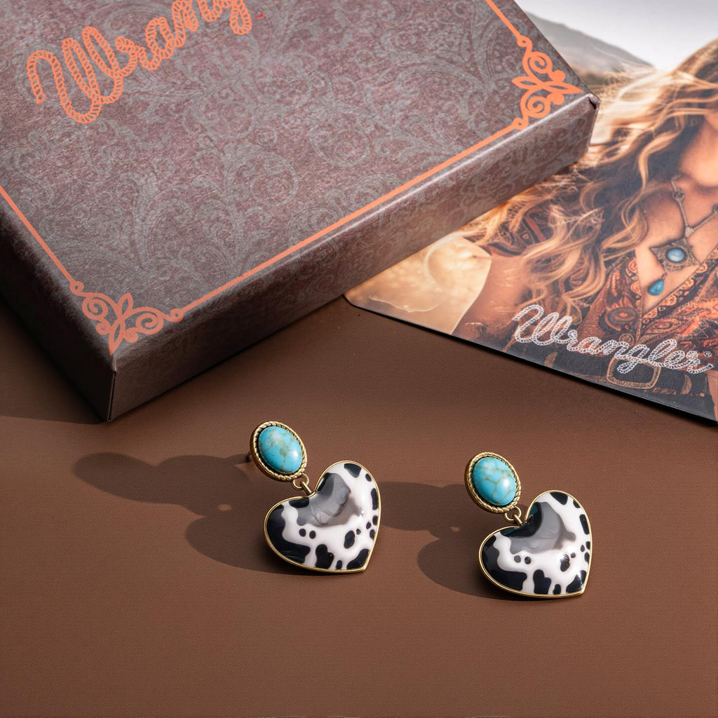 Wrangler Heart Drop Dangle Earrings, 14K Gold Turquoise Western Jewelry