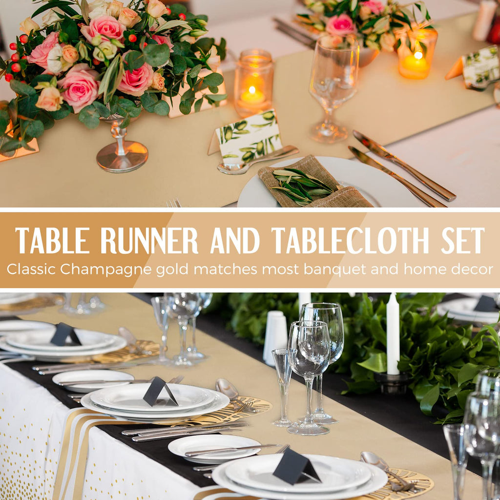 Breling 8 Pack White and Gold Tablecloths and Satin Runners Set