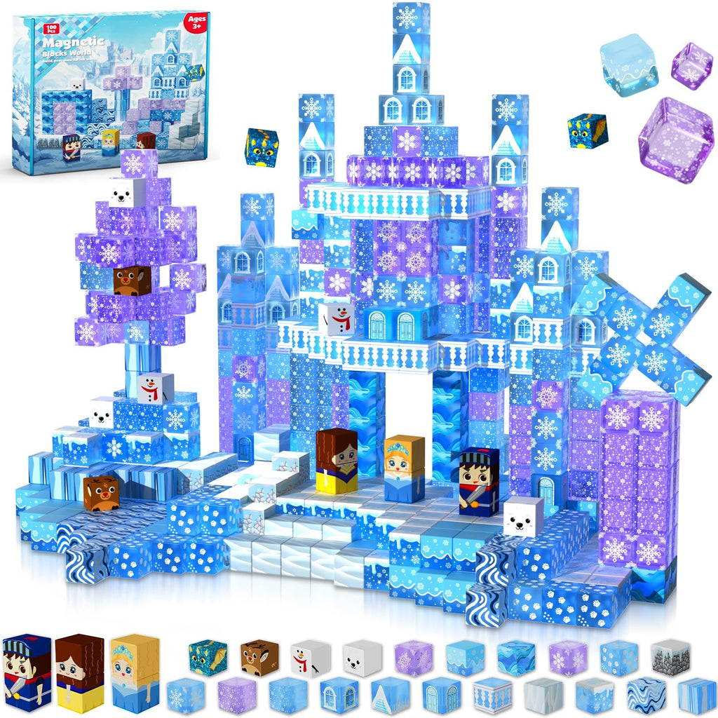 Magnetic Blocks - 100Pcs 0.8in Transparent Building Block for Kids Ages 4-8, Magnet Blocks for Blue Princess Castle Build, Building Cubes Tiles Princess Toys for Girls Age 3 4 5 6 7 8-12 Birthday Gift