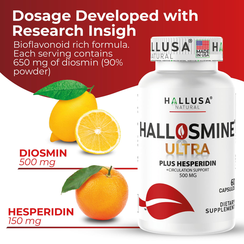 Hallusa Natural Hallosmine Ultra 650mg Diosmin Hesperidin + Bonus Leg Cream, High Potency Circulation & Vein Support Supplement, Varicose Veins, Spider Veins, Hemorrhoids, Blood Flow, 60 Capsules