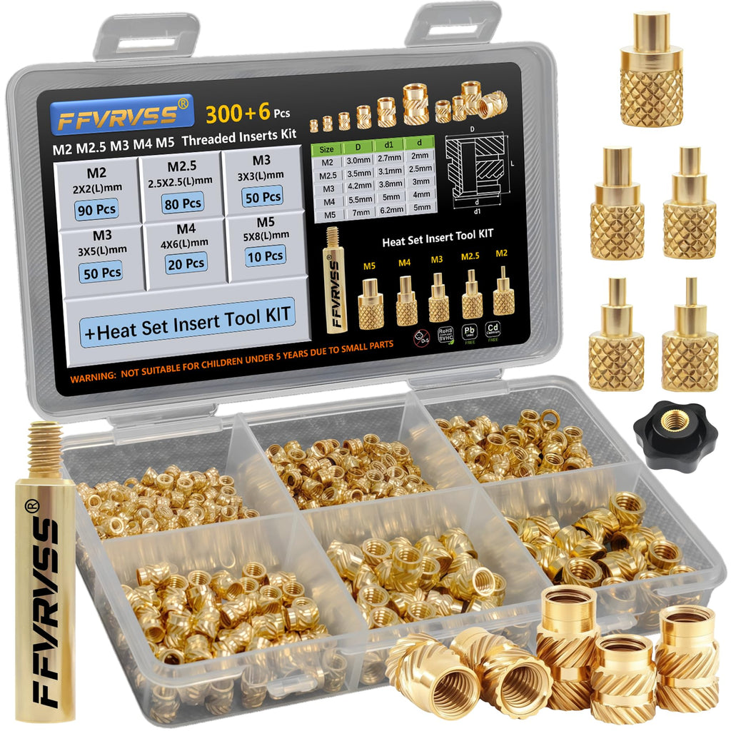 FFVRVSS M2 M2.5 M3 M4 M5 M6 Premium Brass Threaded Inserts, Metric Brass Knurled Nuts Assortment Kit, with Heat Set Insert Tool, for Plastic and 3D Printing Components. (320Pcs M2-M5 Kit+Tools)