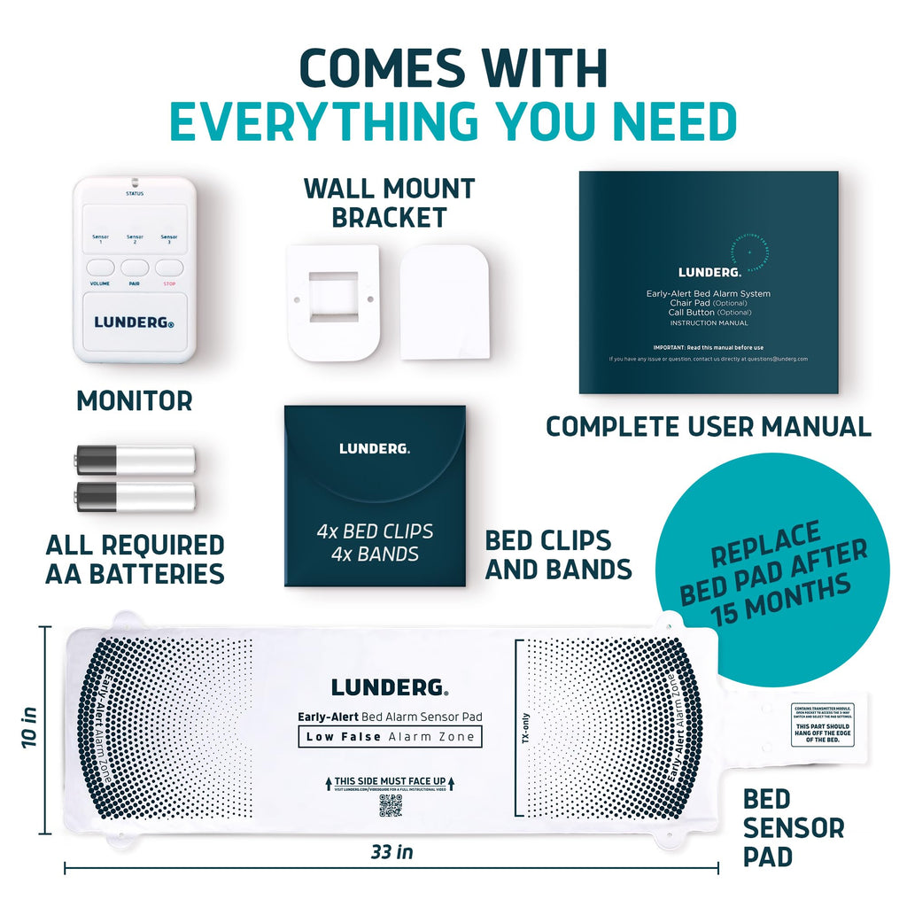 Lunderg Wireless Early Alert Bed Alarm System for Elderly - Alerts Caregivers Before They Get Up, No in-Room Alarm to Frighten Your Loved One, Fall Prevention for Dementia Care, Trusted US Company