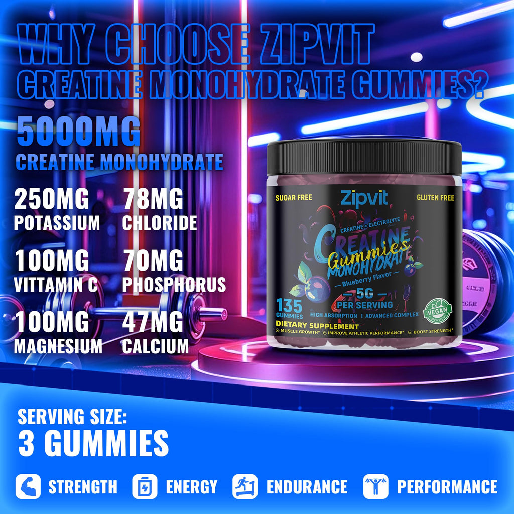 zipvit Creatine Monohydrate Gummies (5g) – Pre-Workout Energy & Muscle Growth Support for Men & Women | Blueberry Electrolyte Gummies (135 Count)