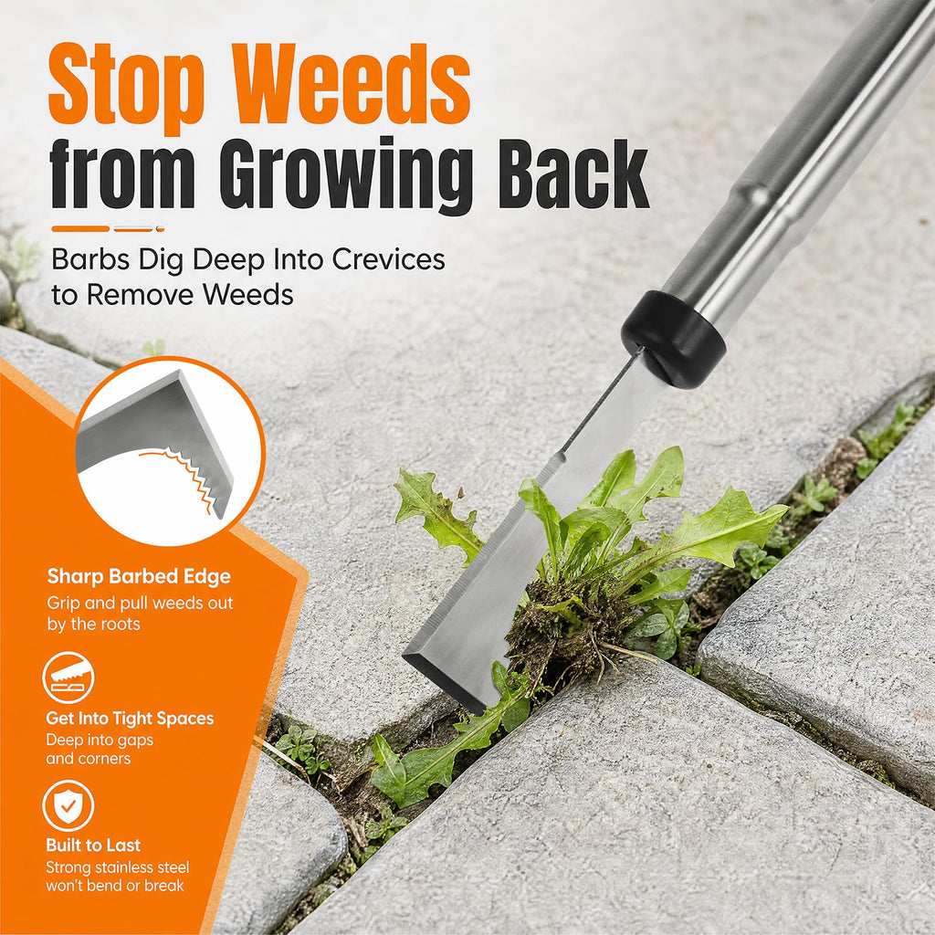 HORM 47.24'' Crack Weeder, Stainless Steel Manual Crevice Weeding Tool, Long Handle Weed Grabber Remover, L-Shaped Manual Weeder Puller, Durable Crevice Weeding Tool for Sidewalk Garden Lawn