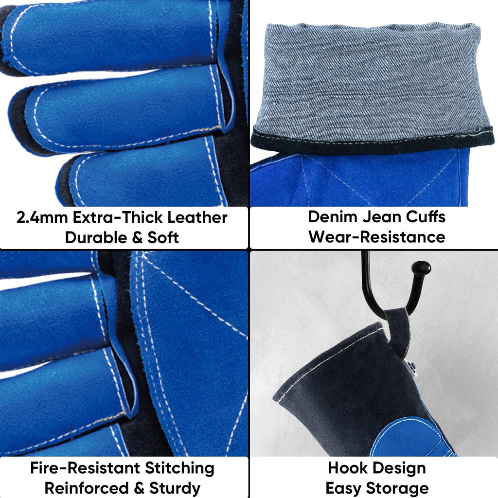 TICONN 16 Inch Welding Gloves, 1000°F Heat-Resistant Fireproof Leather Gloves for Welders, Stick, Forge, Mig, Tig, BBQ, Baking, Oven (Black/Blue, XL)