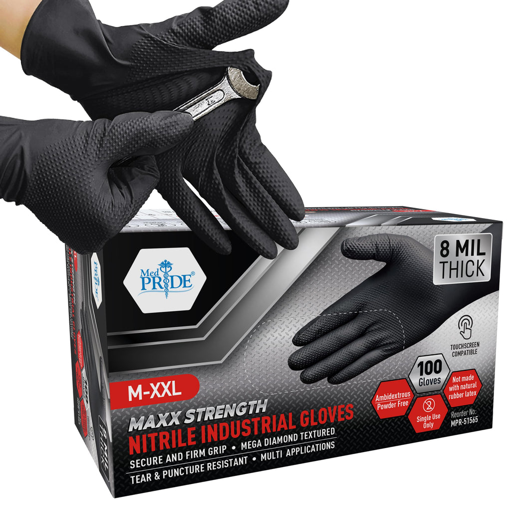 MED PRIDE 8 Mil Xl Disposable Black Nitrile Gloves Heavy Duty Diamond Textured Powder Free Latex Free Box of 100