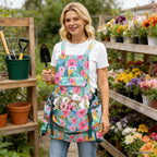 JLDTOP Garden Harvest Apron for Women, Fruit Picking Apron with Quick Release Bottom, Adjustable Cross Back Tool Apron with Pockets, Gardening Gift for Plant Lovers & Gardeners (Green Floral)