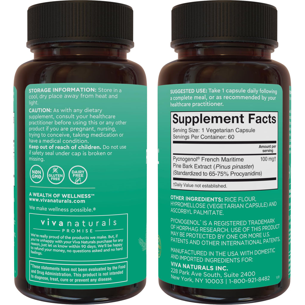 Viva Naturals Pycnogenol - 100mg French Maritime Pine Bark Extract – Supports Circulation, Antioxidant-Like Activity, Joints & Immune Health and Function – 60 Veggie Capsules