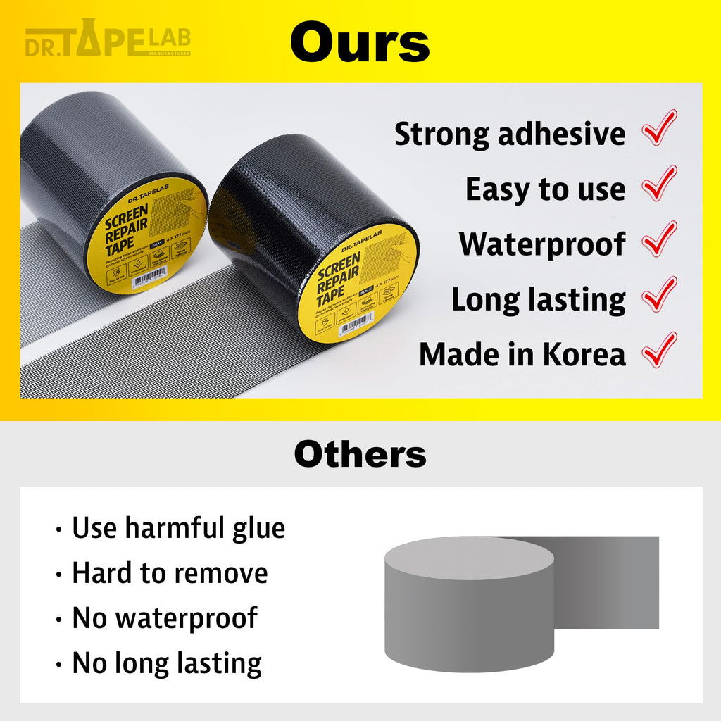 DR.TAPELAB, Black Window Screen Repair Tape, 4 in X 15 FT, Screen Repair Kit for Windows or Doors, Strong Adhesive Patch Kit Fiberglass Mesh Tape
