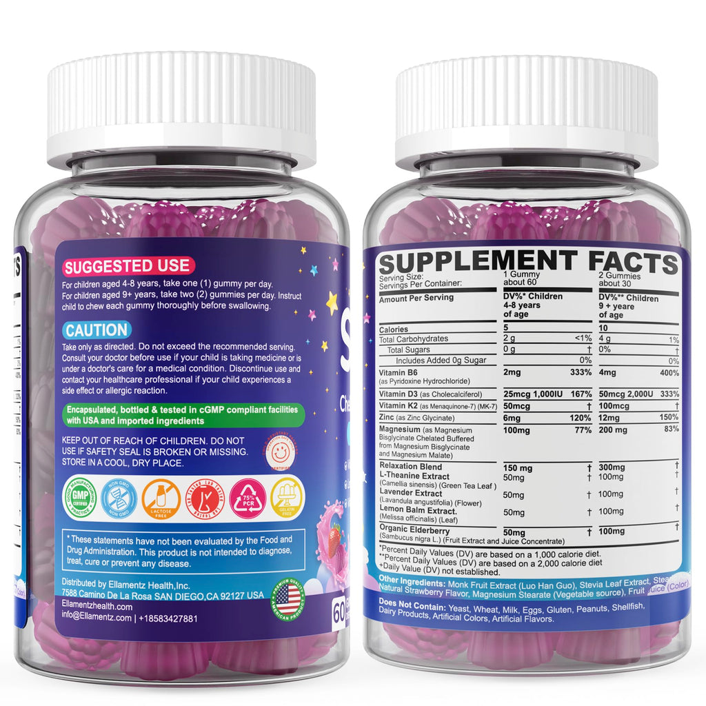 Kids Sleep Gummies, NO Melatonin Sleep Aid Gummies w/Magnesium Glycinate, Magnesium Malate, L-Theanine, Lavender, B6, Zinc, D3K2 for Restful Sleep, Relax Brain & Muscle, Immune Support, Non-GMO 2Pack