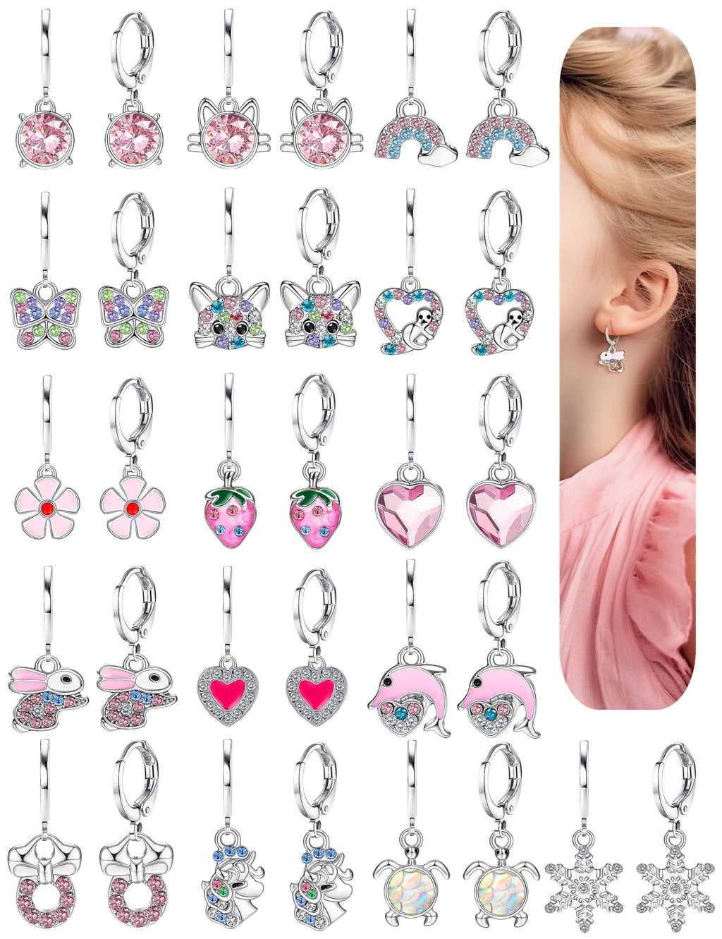 BESTEEL 16 Pairs Hypoallergenic Earrings for Girls Women Sensitive Ears Cute Surgical Steel Dangle Huggie Hoop Earings Set with Charm CZ Heart Animal Christmas Gifts Silver