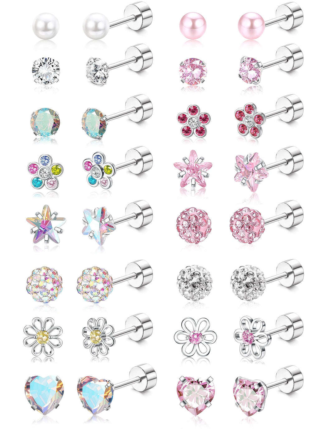 THUNARAZ 16 Pairs Hypoallergenic Earrings for Girls Kids Flat Back Studs