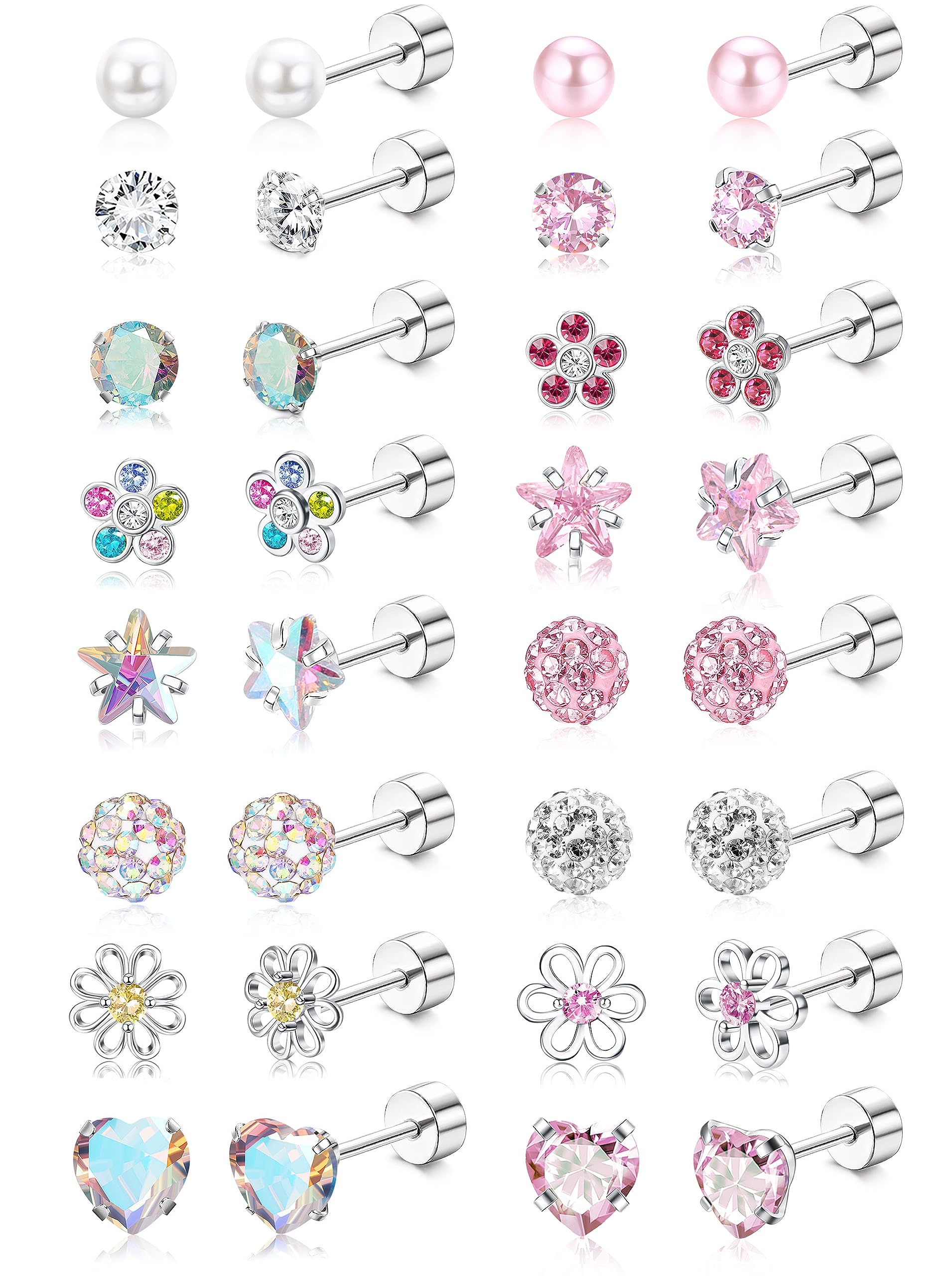 THUNARAZ 16 Pairs Hypoallergenic Earrings for Girls Kids Flat Back Studs